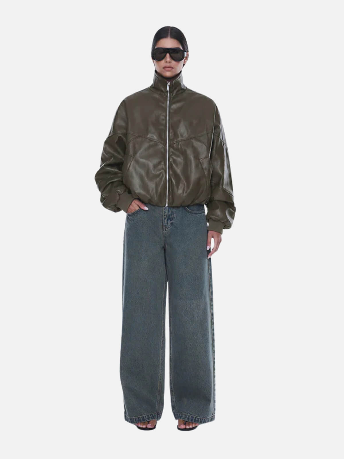 Khya Faux Leather Bomber - Olive