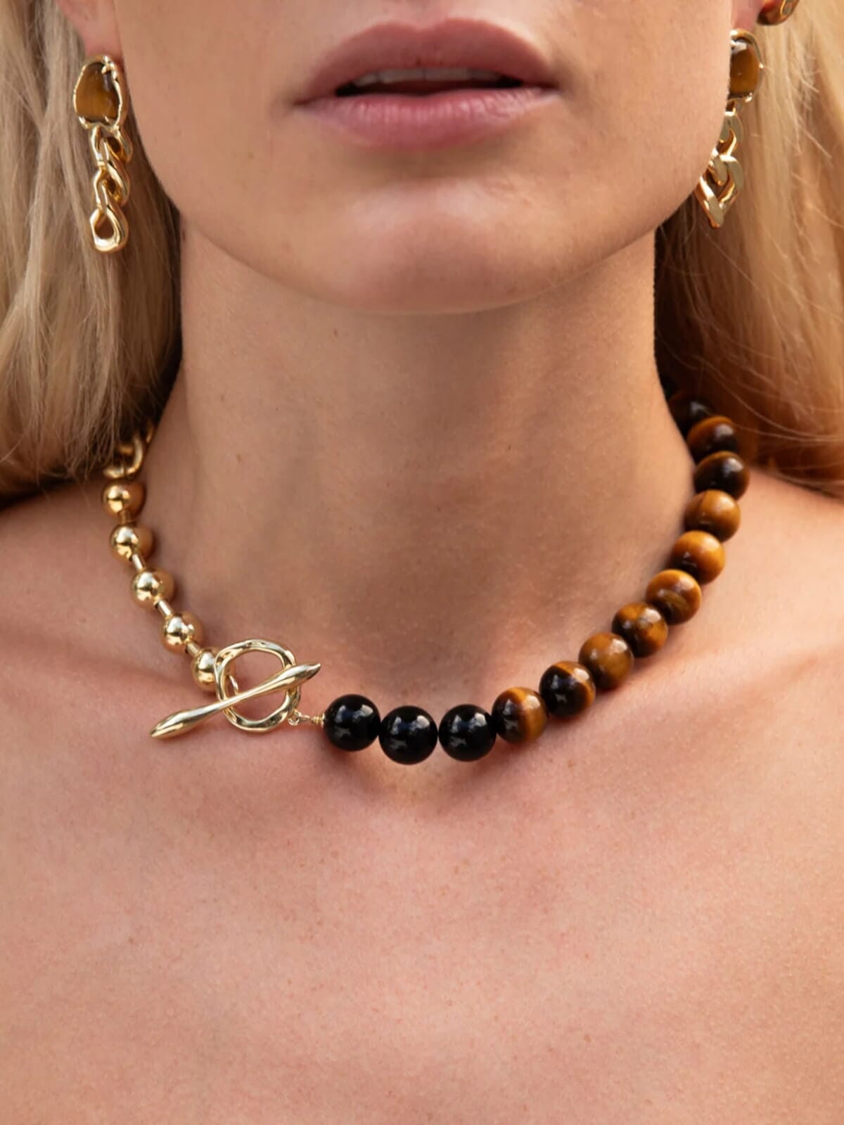 Primal Statement Necklace: Tigers Eye + Onyx Necklaces F+H Jewellery