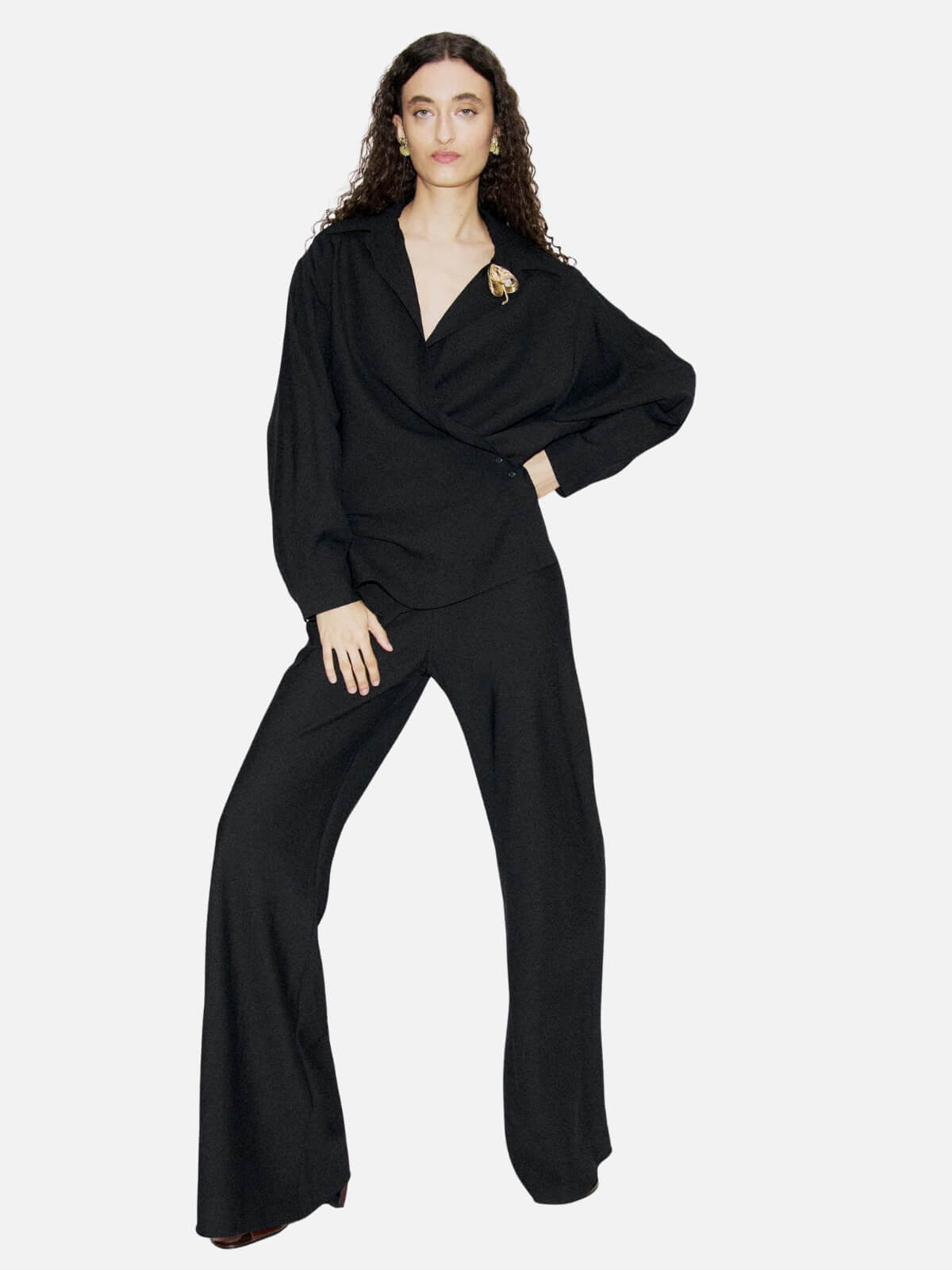 Wool Silk Cross Over Shirt - Black