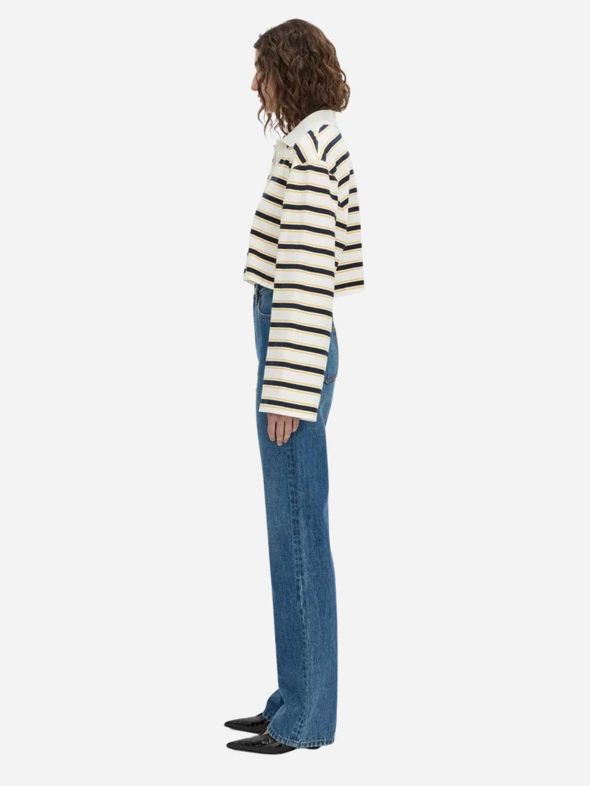 Liat Stripe Crop Polo Top - Soft White Stripe