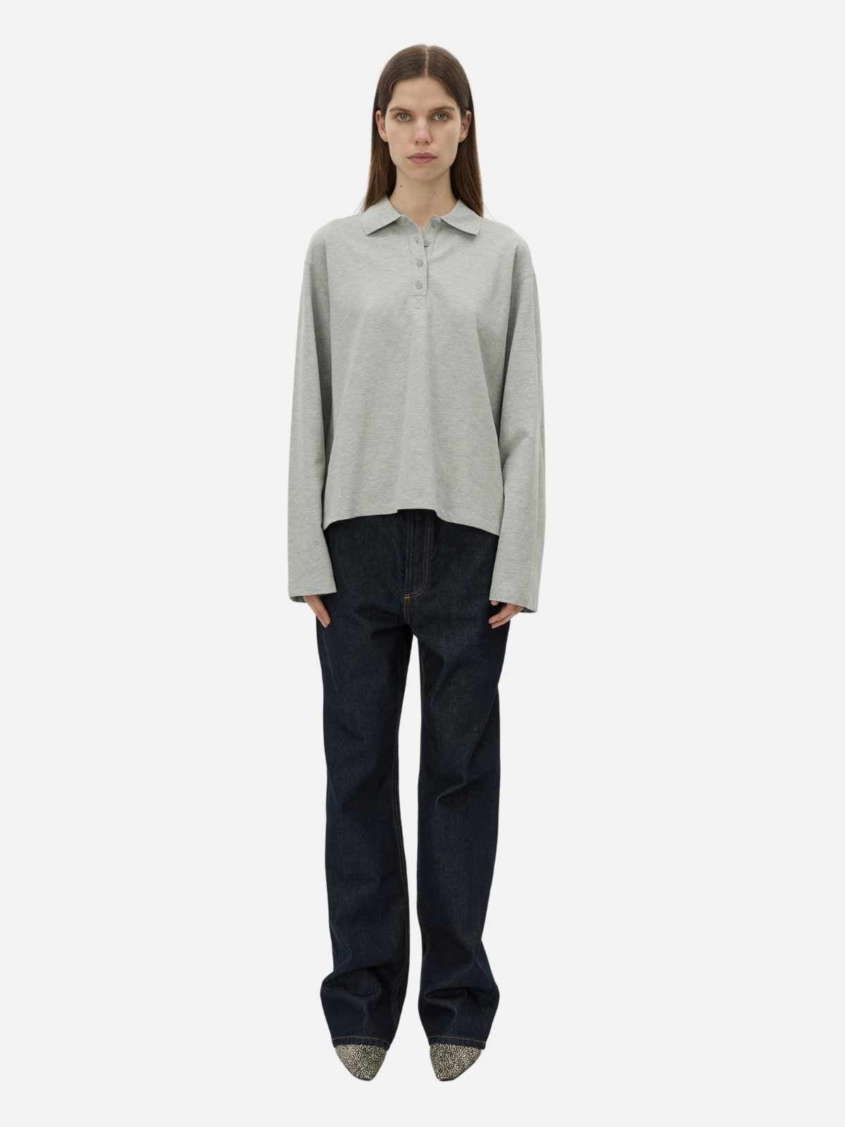 Moreno Long Slv Polo Top - Grey Marle