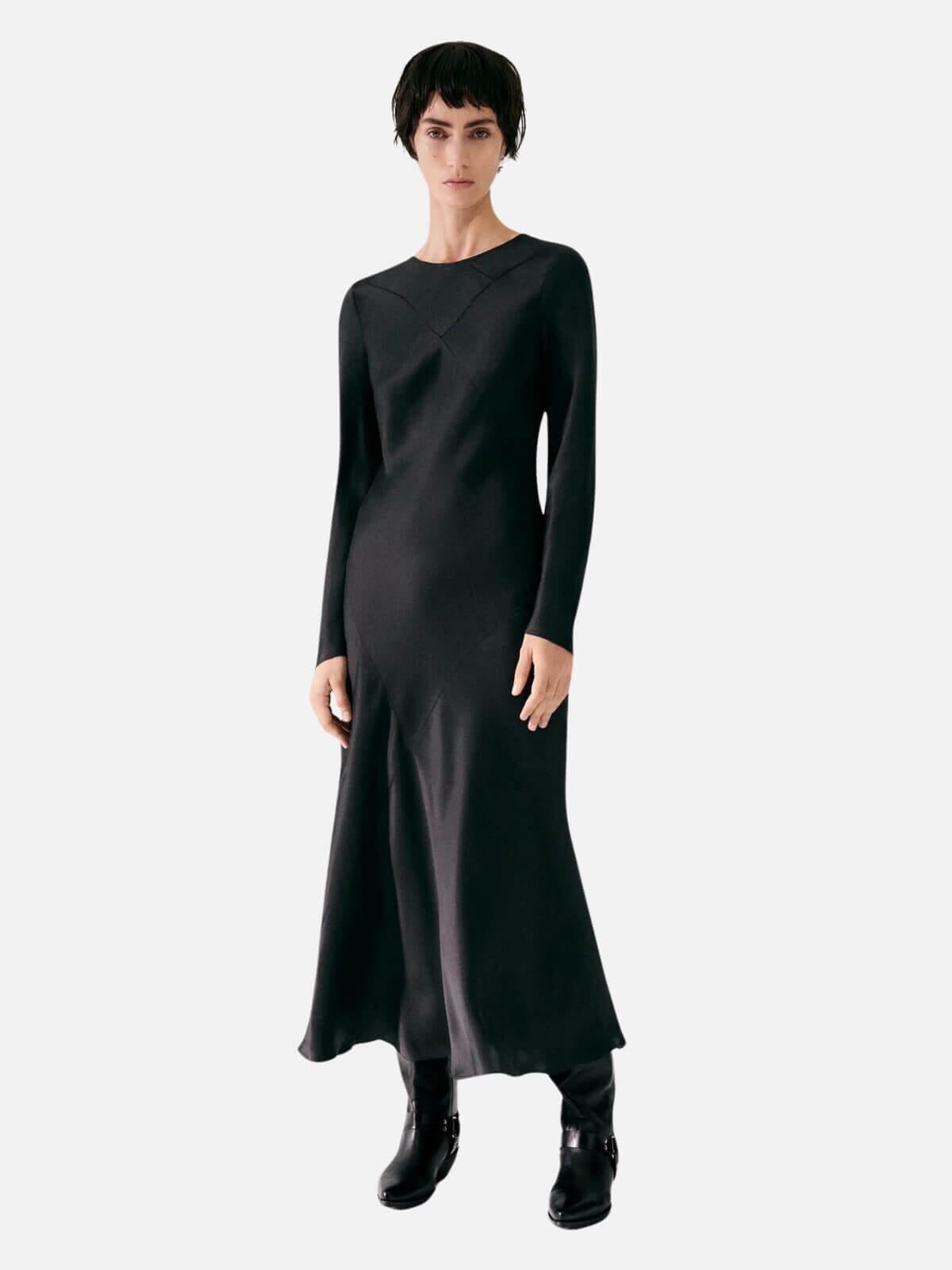Silk Laundry | Splice Full Sleeve Bias Dress - Black | Perlu