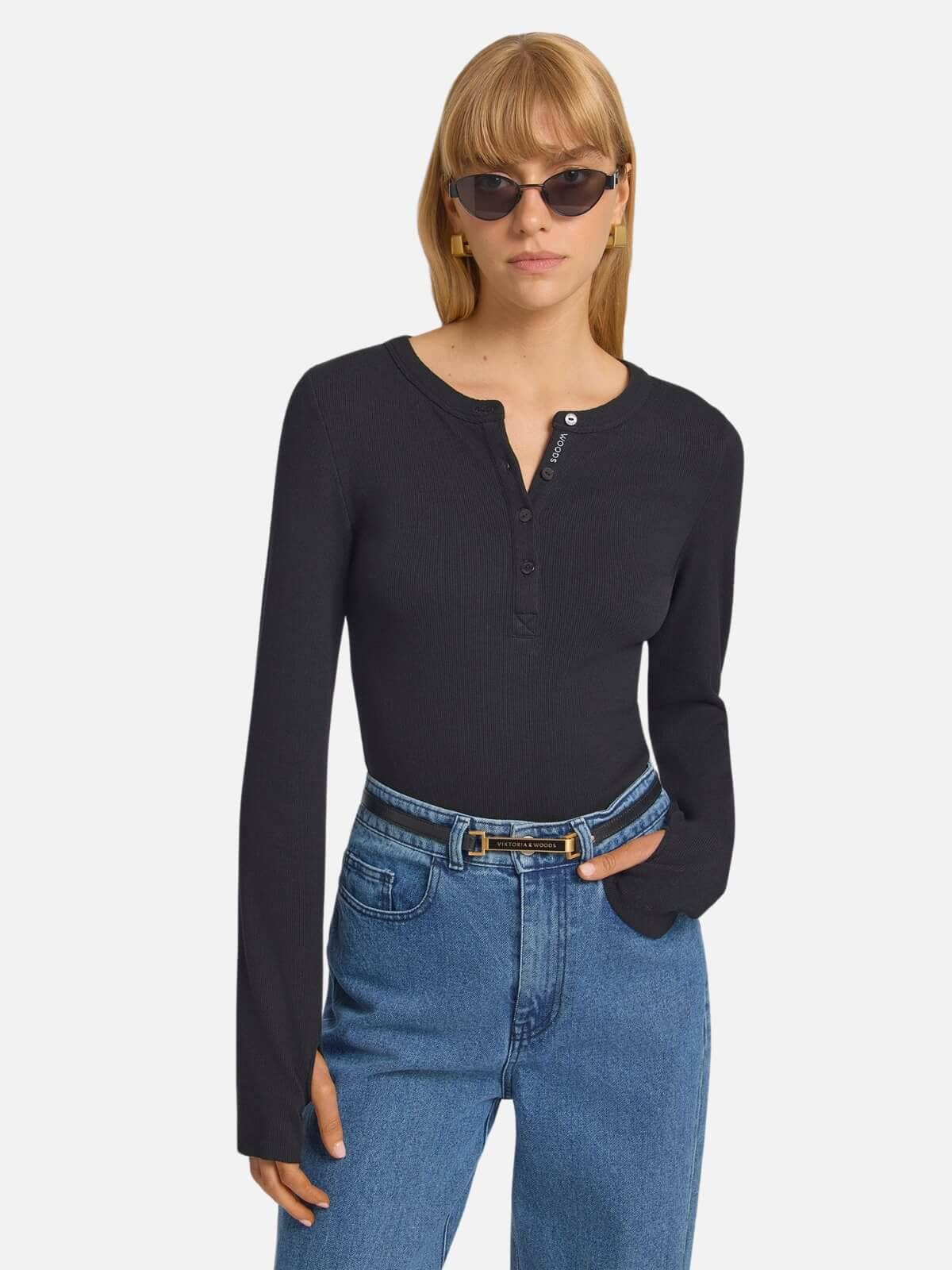 Clique Rib Henley - Black Tops Viktoria & Woods 